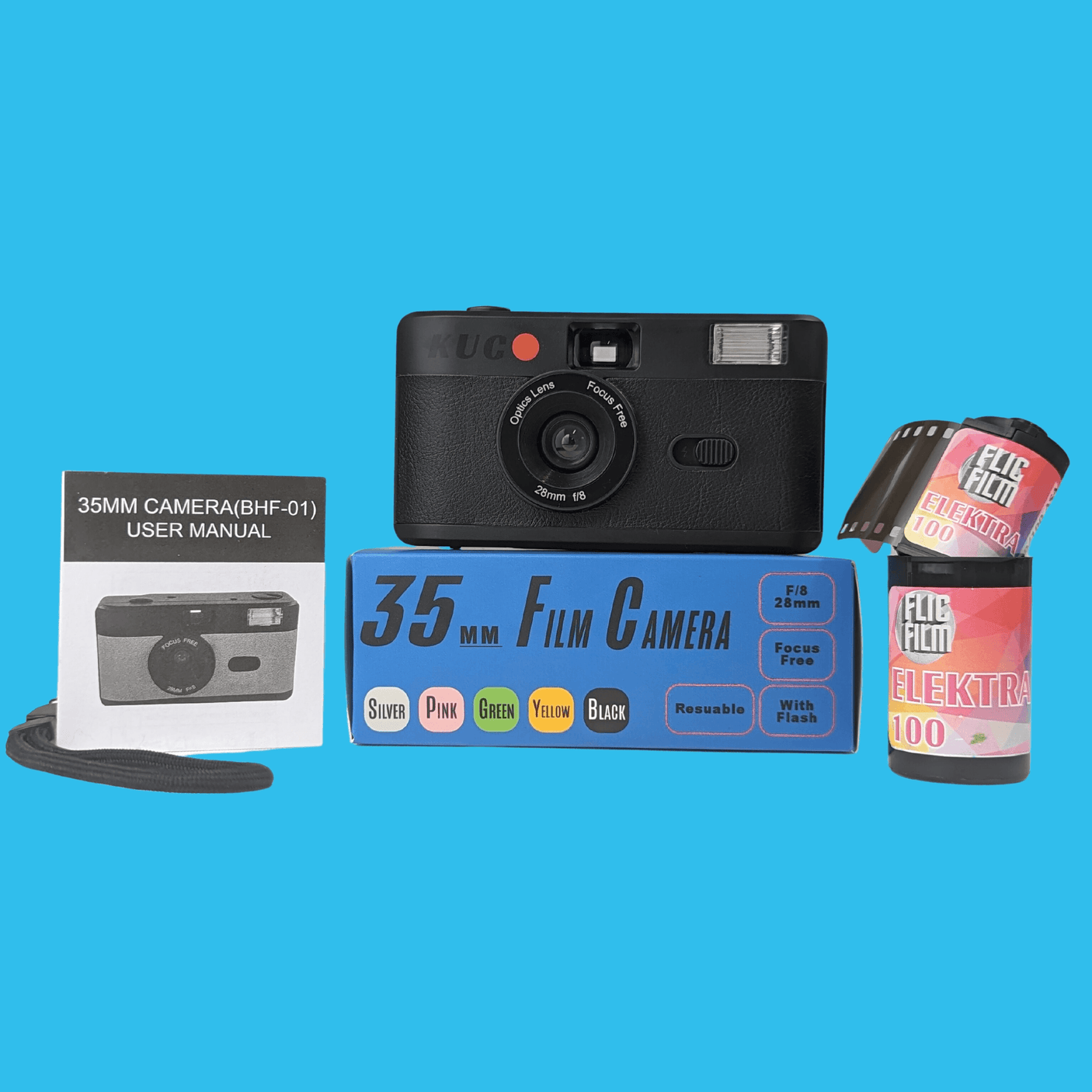 35mm Film Camera Reusable Starter Pack with Flash and 1 x 35mm Film - Black KUGO