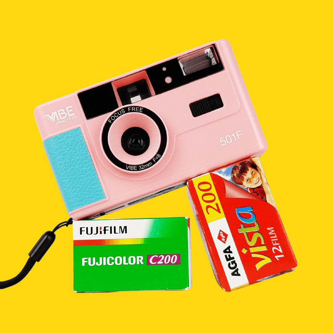 35mm Film Camera Reusable Starter Pack with Flash and 2 x 35mm Film - Pink Vibe