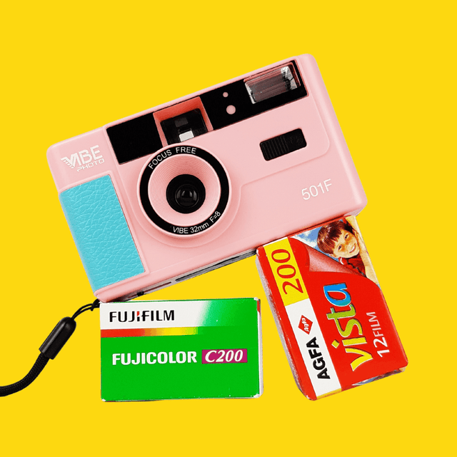 35mm Film Camera Reusable Starter Pack with Flash and 2 x 35mm Film - Pink Vibe
