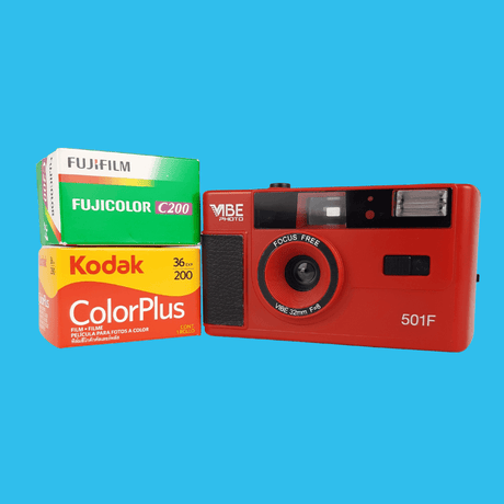 35mm Film Camera Reusable Starter Pack with Flash and 2 x 35mm Film - Red Vibe