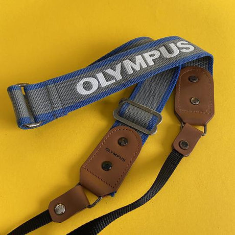 Original Olympus Blue and Grey SLR Camera Strap with Brown Leather Clasps