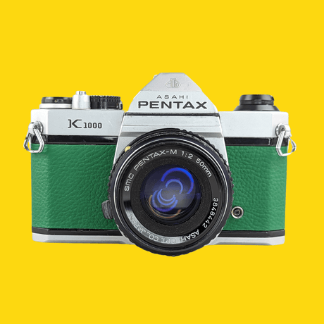 Pentax K1000 Green Leather Vintage SLR 35mm Film Camera with Pentax f/2 50mm Prime Lens