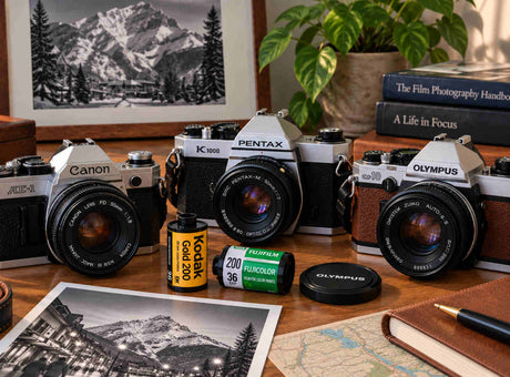 Vintage 35mm film cameras and lenses illustrating focal length, aperture and lens compatibility