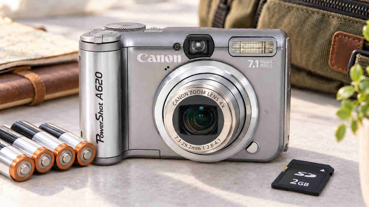 Canon PowerShot A620 vintage digital camera with four AA batteries and 2GB SD card