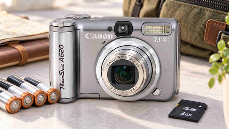 Canon PowerShot A620 vintage digital camera with four AA batteries and 2GB SD card