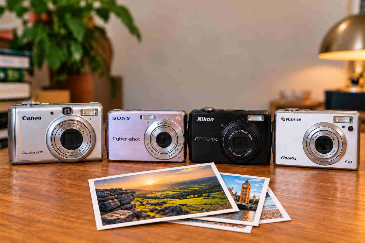 Vintage digital compact cameras from Canon, Sony, Nikon and Fujifilm displayed with printed travel photos