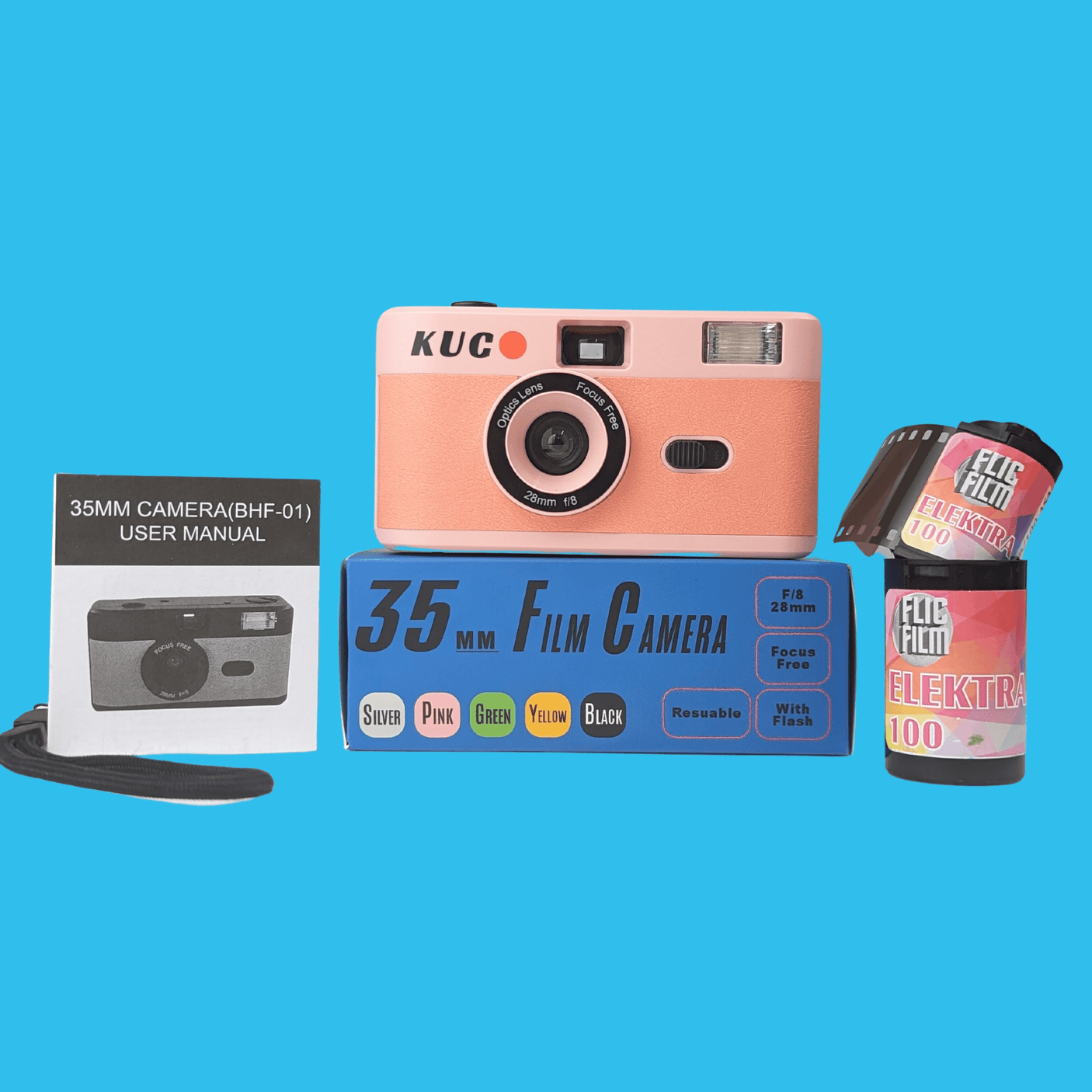 35mm Film Camera Reusable Starter Pack with Flash and 1 x 35mm Film - Pink KUGO