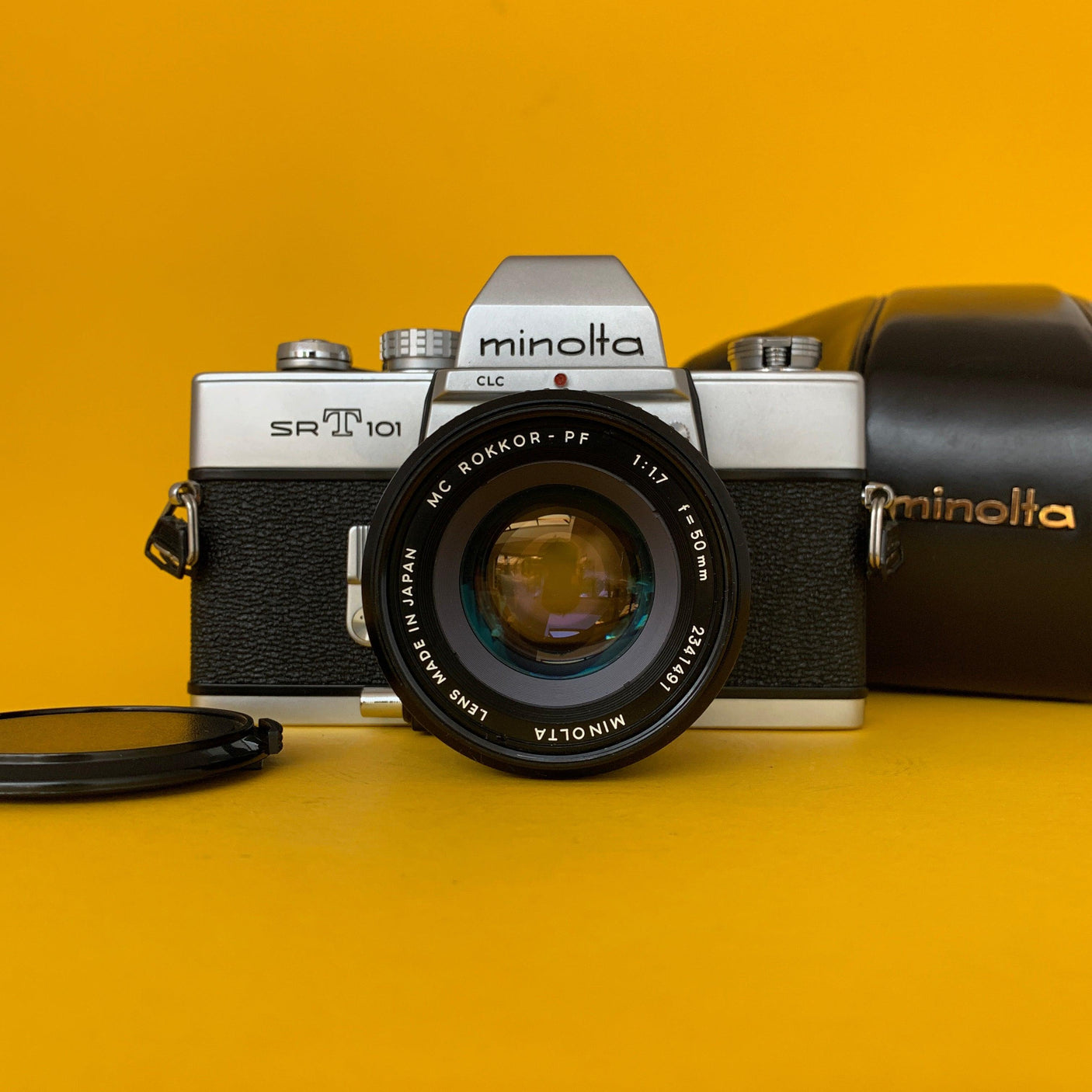 Minolta SRT101 35mm SLR Film Camera w/ Prime Lens & Original Leather Case