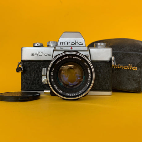 Minolta SRT101b 35mm SLR Film Camera w/ Prime Lens & Original Leather Case
