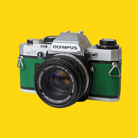 Olympus OM10 Green Leather Vintage 35mm Film Camera w/ F/1.8 50mm Lens