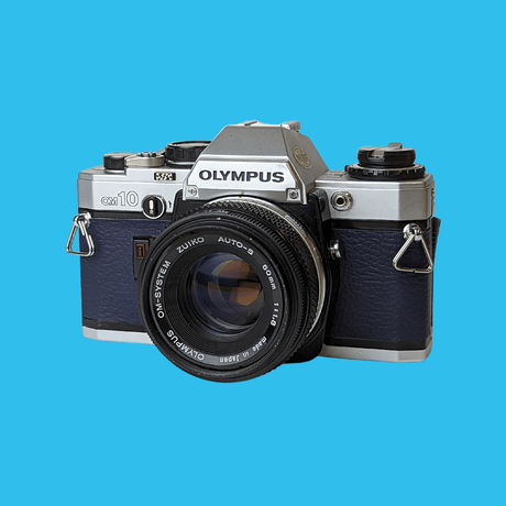 Olympus OM10 Navy Leather Vintage 35mm Film Camera w/ F/1.8 50mm Lens