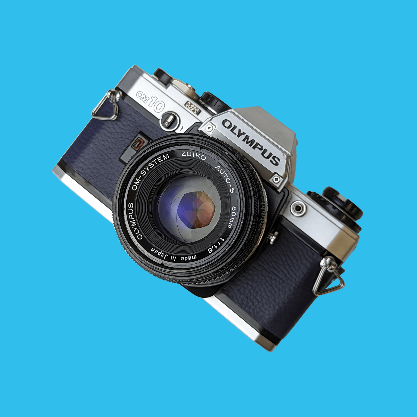 Olympus OM10 Navy Leather Vintage 35mm Film Camera w/ F/1.8 50mm Lens