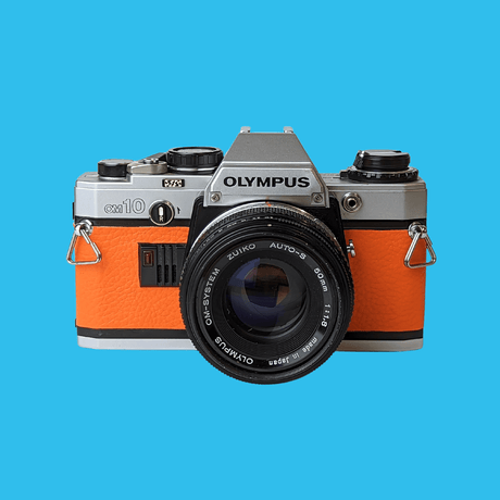 Olympus OM10 Orange Leather Vintage 35mm Film Camera w/ F/1.8 50mm Lens