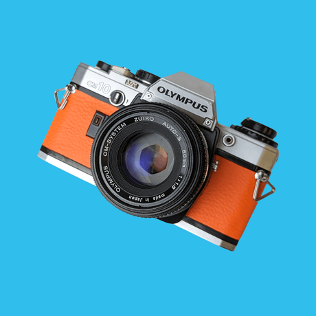 Olympus OM10 Orange Leather Vintage 35mm Film Camera w/ F/1.8 50mm Lens