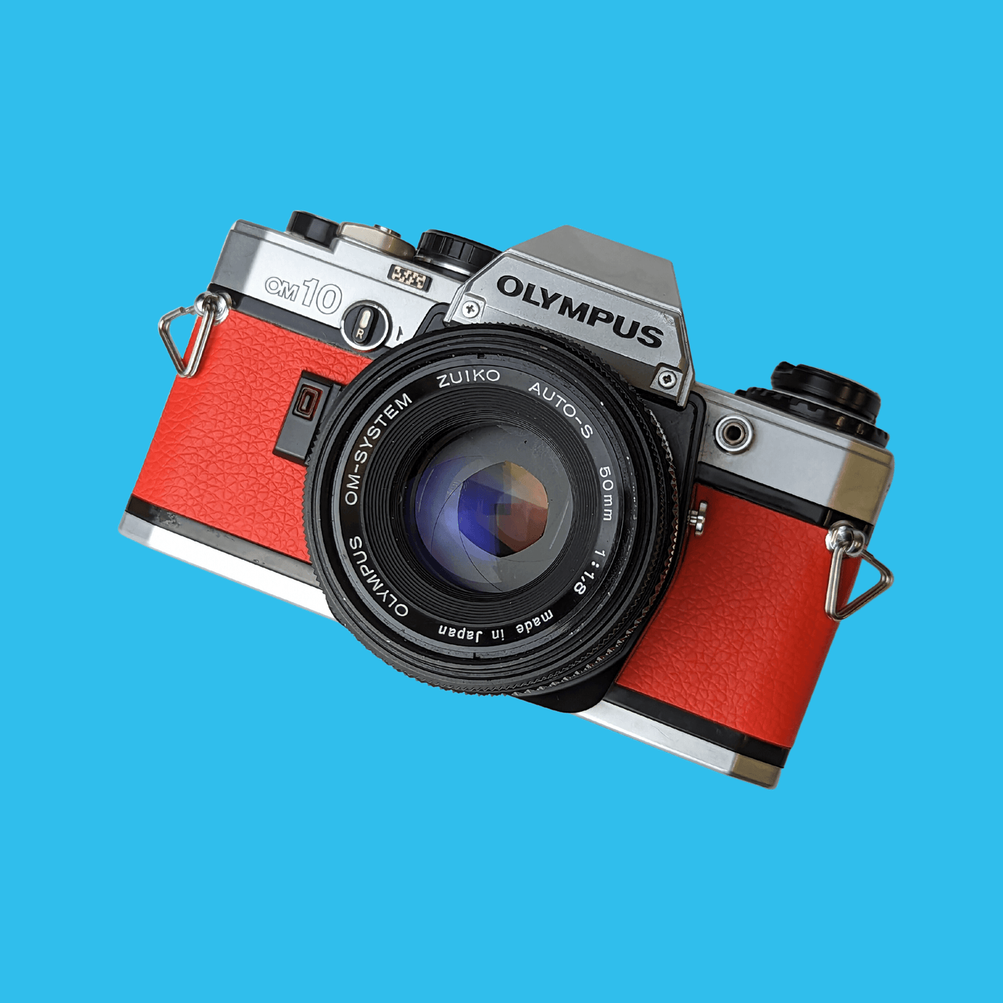 Olympus OM10 Red Leather Vintage 35mm Film Camera w/ F/1.8 50mm Lens