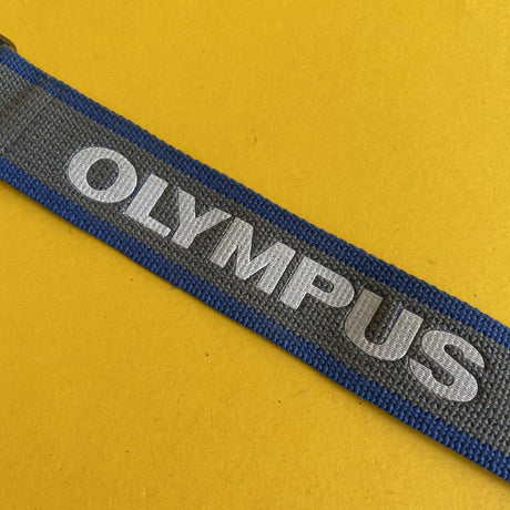 Original Olympus Blue and Grey SLR Camera Strap with Brown Leather Clasps