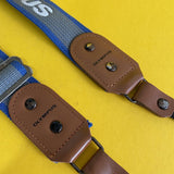 Original Olympus Blue and Grey SLR Camera Strap with Brown Leather Clasps