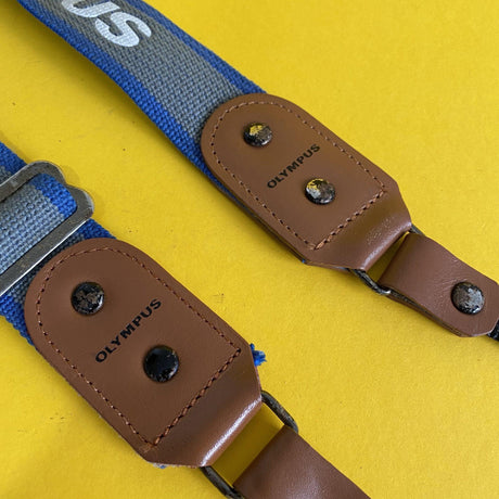 Original Olympus Blue and Grey SLR Camera Strap with Brown Leather Clasps