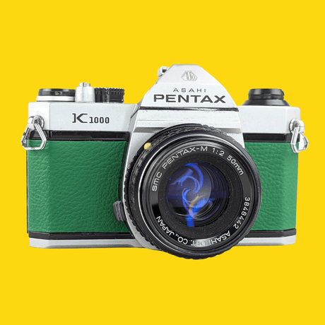 Pentax K1000 Green Leather Vintage SLR 35mm Film Camera with Pentax f/2 50mm Prime Lens