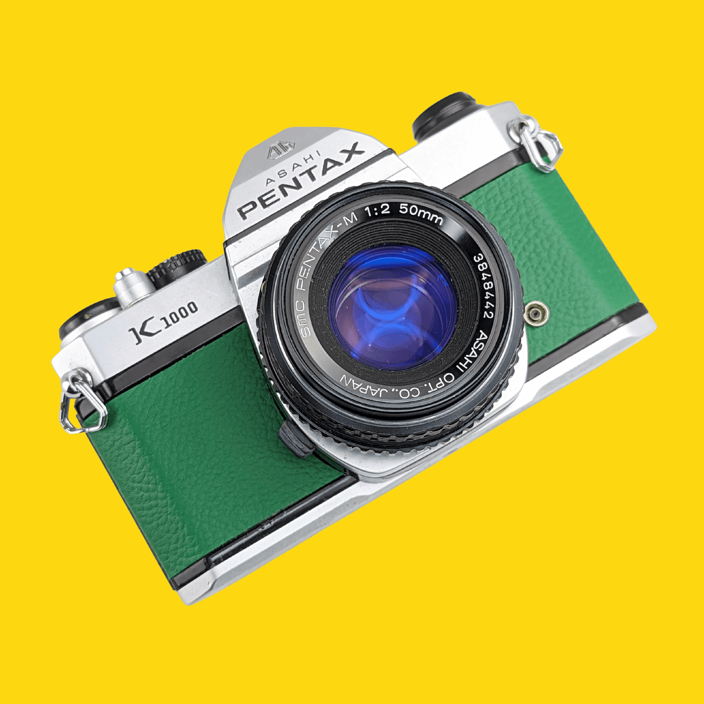 Pentax K1000 Green Leather Vintage SLR 35mm Film Camera with Pentax f/2 50mm Prime Lens