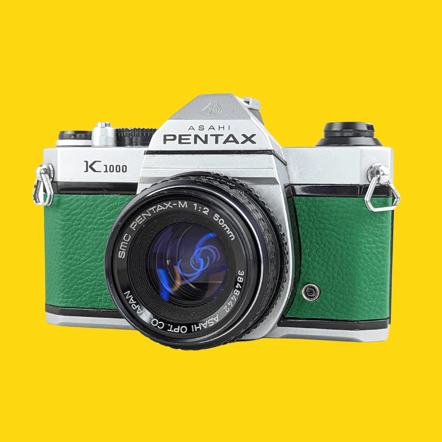 Pentax K1000 Green Leather Vintage SLR 35mm Film Camera with Pentax f/2 50mm Prime Lens