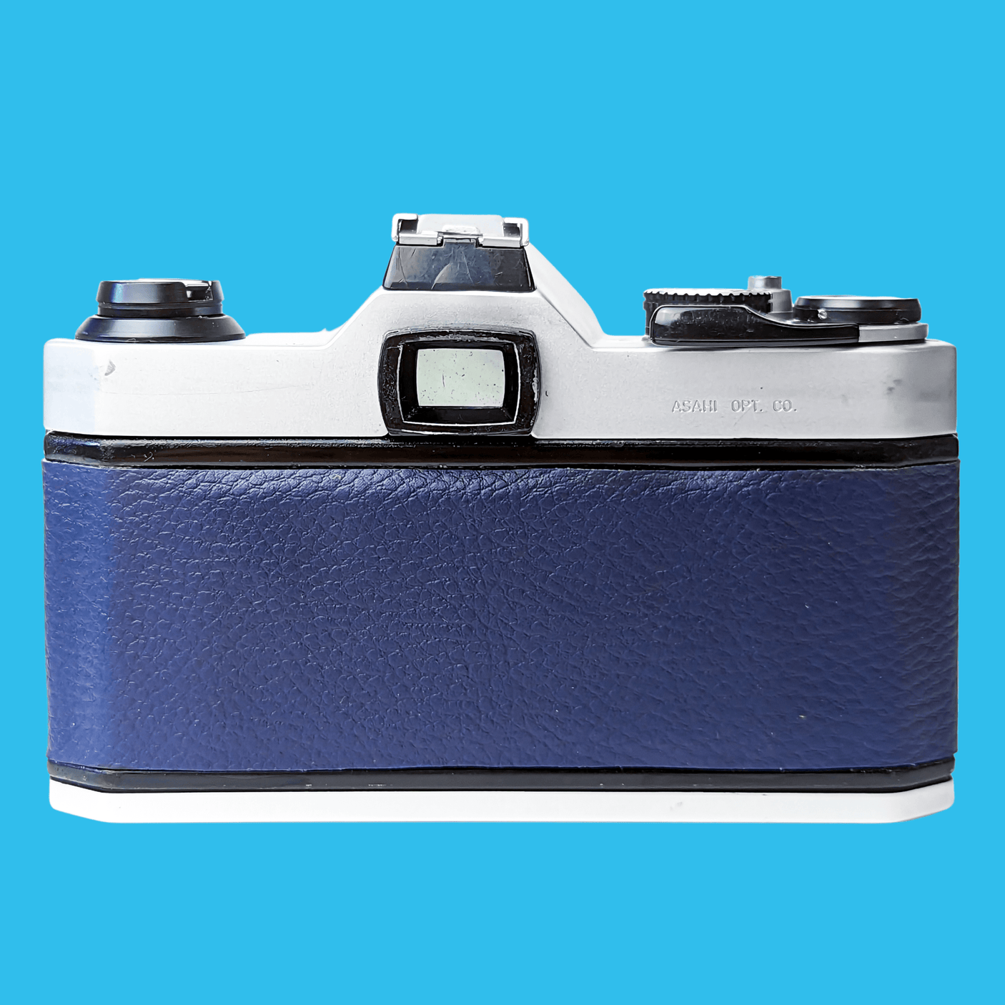 Pentax K1000 Navy Leather Vintage SLR 35mm Film Camera with Pentax f/2 50mm Prime Lens.