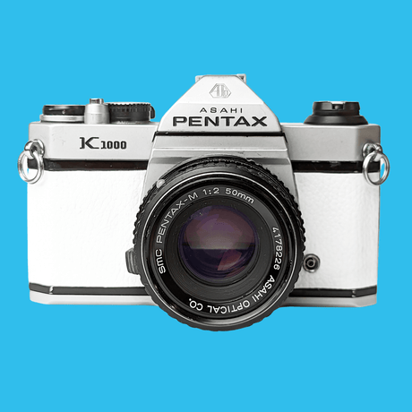 Pentax K1000 White Leather Vintage SLR 35mm Film Camera with Pentax f/2 50mm Prime Lens