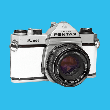 Pentax K1000 White Leather Vintage SLR 35mm Film Camera with Pentax f/2 50mm Prime Lens